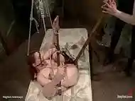 Hogtied ginger slave pussy toyed