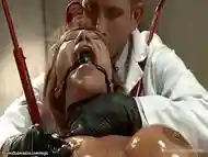 Mad scientist torments huge tits wife