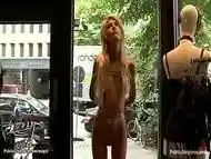 Naked bound blonde exposed in public