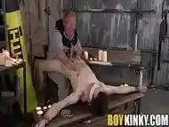 Restrained sub twink waxed for a cock toying session