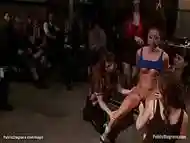 Slave fucked by lezdom group in public