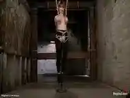 Slave hung for boobs above vibrator