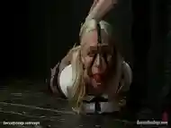 Strapped in hogtie blonde pussy toyed