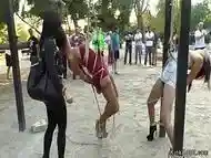 Two sluts tormented in public park gym