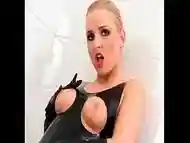 Well favoured busty blonde slut in black Alena takes cock in snow-white bathroom