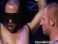 Blindfolded bald gay ass fucked by his dominant inked master