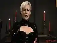 Blonde mistress whipping her slaves butt