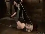 Busty lesbian gets weighted crotch rope