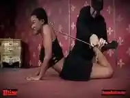 Ebony beauty toyed by lez while sucking dick