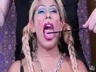 Face fucked sub girl flogged on her tongue