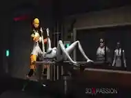 Futa sex robot plays with a female alien in the sci-fi lab