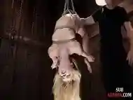 Petite bdsm sub suspended and whipped before master fucks