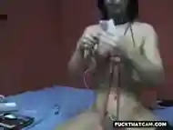 Self bondage tits play