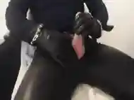 Skintight leather pants and gloves masturbation