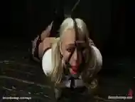 Strapped in hogtie blonde pussy toyed