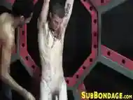 White dude with tats gets hot wax all over his tight body